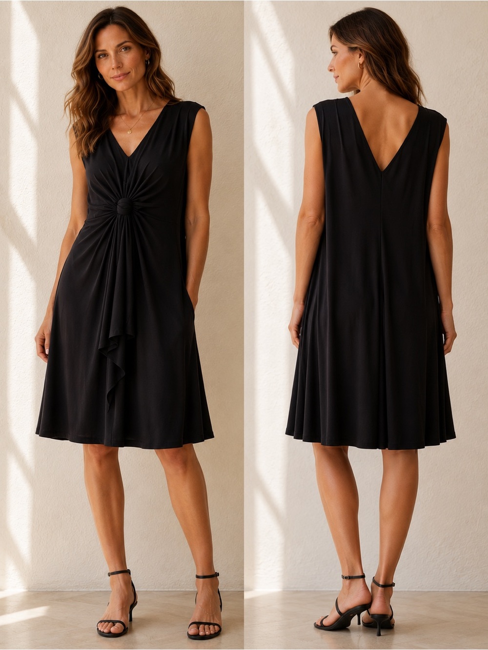 Black Sleeveless Dress Twist Front V Neck Polyester/Spandex Lizzatti Size 12 New